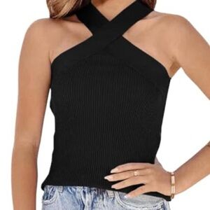 NWOT House of Harlow 1960  Black Ribbed Criss Cross Straps Crop Tank Size M